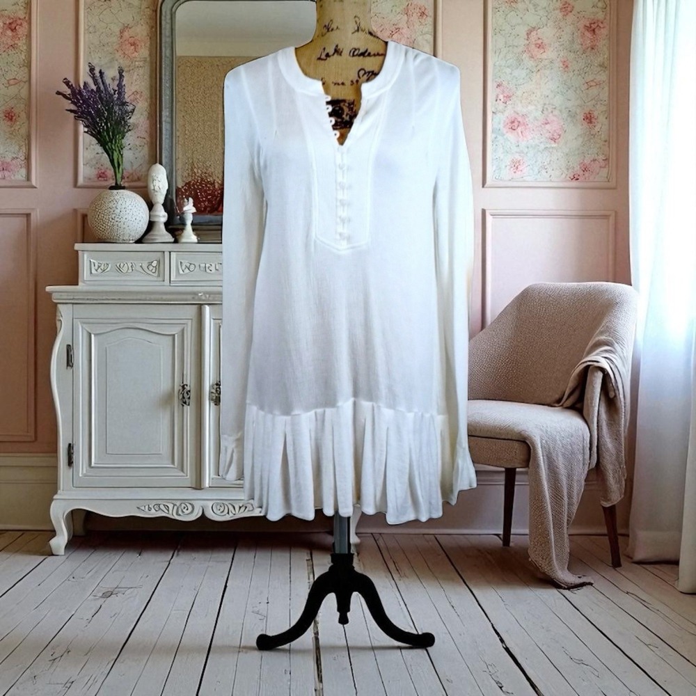 Free People Womens White Long Sleeve Button Up‎ Tunic Top Size Small